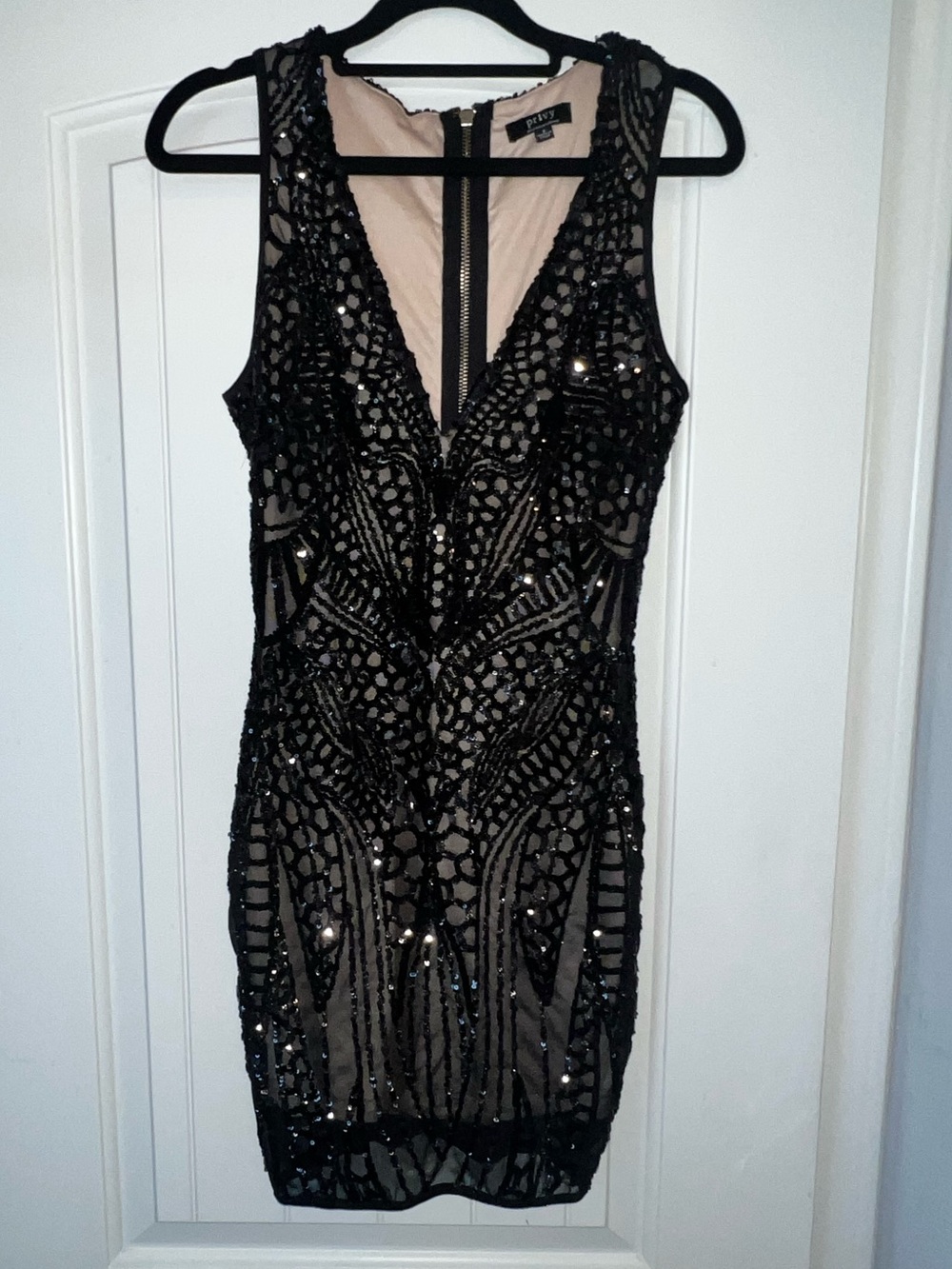 Privy Black Sequin Mesh Bodycon Dress ~Size S